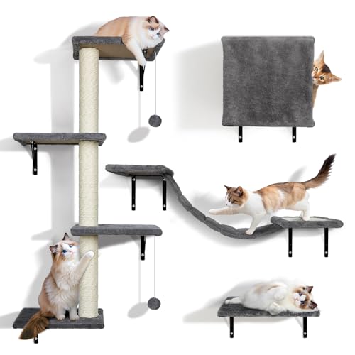 Kletterwand Katzen 10-teilig, Zvonema Katzen Wandelemente für Kleine bis Mittelgroße Katze bis 10KG, Stabiles Katzenkletterwand Set mit Katzenhaus/Katzenbrücke/Katzenbaum/Katzenliege, Grau