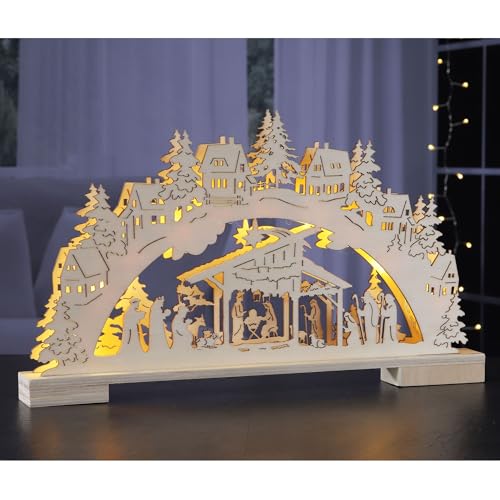 bonsport Schwibbogen aus Holz - Lichterbogen für Weihnachten mit 9 warm-weißen LEDs, batteriebetrieben