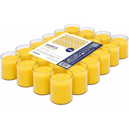 Horeca Candles - Citronella Teelichter in Transparente Kunststoff Hülle - Gelb - 24 Stück - 24 Stunden Lange Brenndauer - Duftkerzen für den Außenbereich, Balkon, Picknick, Camping