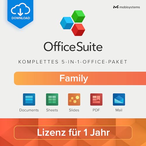 OfficeSuite Family | 5-in-1-Office-Paket | Dokumente, Tabellen, Präsentationen, PDF, E-Mail & Kalender | Lizenz für 1 Jahr | 1 Windows-PC & 2 Mobilgeräte | 6 Benutzer [Online-Code]