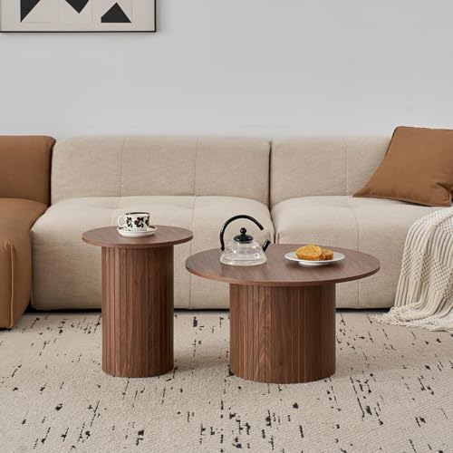 DEYARNA HOME 2er-Set runder Couchtische, Modernes Geriffeltes Trommel-Couchtisch-Set für Wohnzimmer, Schlafzimmer, Balkon und Büro (Walnuss (Holzmaserung))