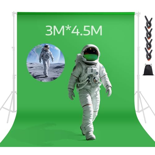 Spardar Greenscreen mit 4 Klemmen, 3M X 4.5M Foto Hintergrund Greenscreen Stoff Baumwolle Faltbare Green Screen Fotostudio Hintergrund für Fotografie Video Hintergrundsystem Modefotografie