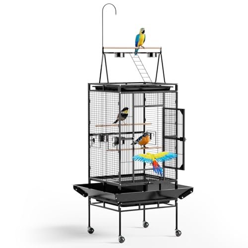 HOBBYZOO Vogelkäfig mit Spielplatz Oben, vogelkäfig groß mit 3 Holzstangen und 360° Rollen, Vogelvoliere mit 5 Futterstellen, 83 x 78 x 210 cm