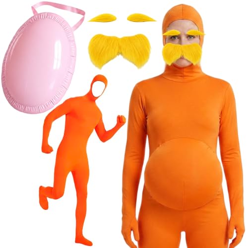 Orangener Ganzkörperanzug, 3 Teiliges Faschingskostüm Inklusive 1 Ganzkörperanzug Orange + 1 Gelber Schnurrbart und Augenbrauen + 1 Inflatable Belly, für Halloween & Partybesuchen Durch für 15+ (150)