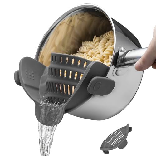 Silikon Abgießer mit Clip – Flexibles Topf-Sieb zum Abgießen von Nudeln, Gemüse & Kartoffeln – Hitzebeständig & BPA-frei – Küchenzubehör （Grau）