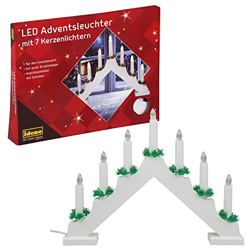 Idena 31837 - LED Adventsleuchter mit 7 LED Kerzenlichtern in Warmweiß, Schwibbogen aus weiß lackiertem Holz, mit Ersatzlampe und Schalter, Deko für Innen, als Winter-, Advents- und Weihnachtsdeko