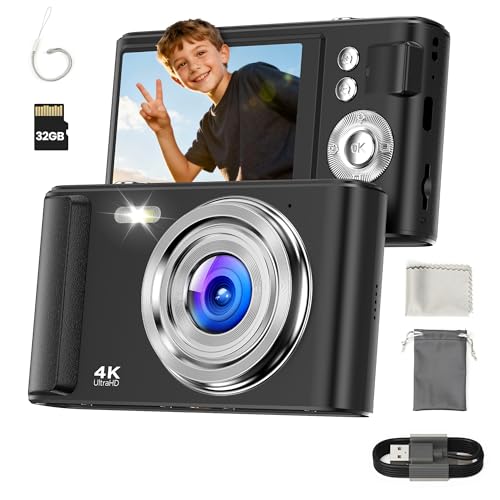 Digitalkamera 4K 48MP - Digital Kamera mit 16X Digitalzoom für Kinder - Autofokus Kompaktkamera Mini- Fotoapparat mit 32GB Karte - Fotokamera mit 1000mAh Akku - Digital Camera Schwarz für Teenager