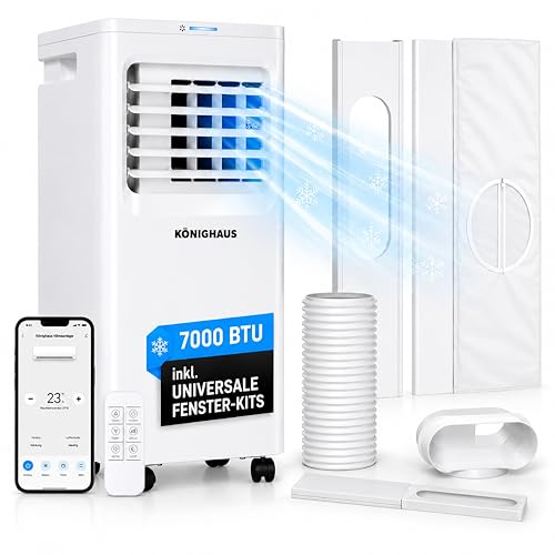 Könighaus Smarte EU Mobile Klimaanlage 7000 BTU – für deutsche Kippfenster geeignet - Kühlung, Entfeuchtung, Ventilator und Luftreinigung – energieeffizient (A) – inkl. Fernbedienung und App