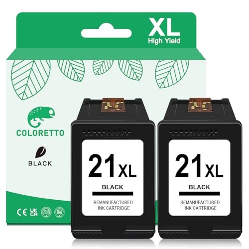 COLORETTO Wiederaufbereiteter Ersatz für Druckertintenpatrone für HP 21 XL (2 Schwarz) 3940 D1530 F2280 D2360 D2460 Officejet 4315 PSC 1410