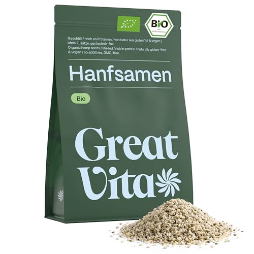 GreatVita Bio Hanfsamen, geschält, 1 kg | DE-Öko-037, reich an Proteinen, Omega-Fettsäuren & Vitaminen | Glutenfrei & in Rohkostqualität