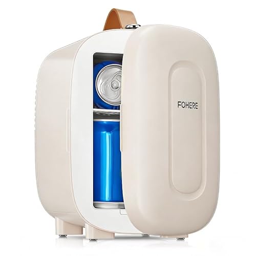 FOHERE Mini Kühlschrank 5 Liter /6 Dosen, Kühlung und Erwärmung, 220V AC/12V DC Thermoelektrische, Getränke & Skincare Mini-Kühlschrank für Schlafzimmer, Auto, Schlafsäle, Büro Schreibtisch, Weiß