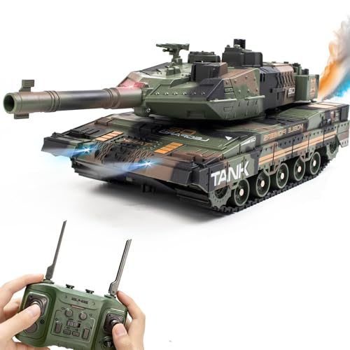 Hitish RC Panzer mit Schießfunktion für Kinder Erwachsene, 2,4G Ferngesteuerter Armee Tank Spielzeug mit Auto-Demo Sound Licht Rauch, 13-Kanal Militärfahrzeugmodell Geschenk für Jungen, Armeegrün