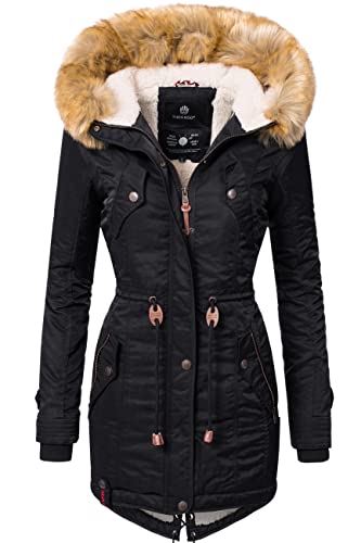 Navahoo Damen Wintermantel Warmer Parka lang mit Kapuze La Viva Schwarz Gr. L