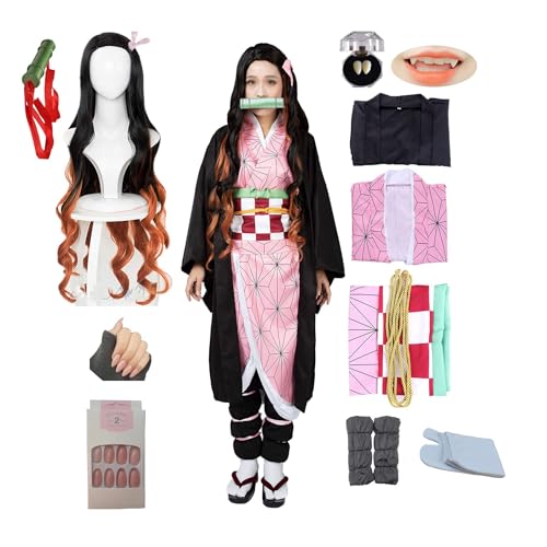 kelihood Japanischer Anime Cosplay: Kamado,Nezuko-Cosplay Kostüm Kimono Set Anime Cosplay Erwachsene Kimono Halloween Kostüm-Erwachsene_S