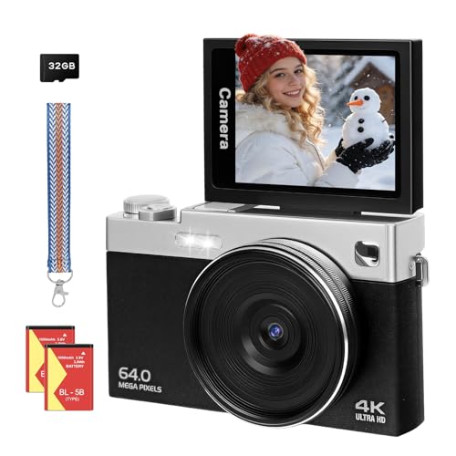 Digitalkamera 4K 64MP Kamera 3 Zoll Fotokamera 16X Autofokus Digitalzoom Tragbare Digital Camera für Vlog 180° Klappbarer LCD-Bildschirm Fotoapparat 2 Akkus 32GB Karte für Anfänger Kinder Jugendliche