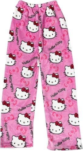 Pyjama Hose Kitty Schlafanzug Damen Pyjamas Hosen Lang Flanell Pyjama Hose Damen Schlafhose Weich Kawaii Pyjamas Anime Bequeme Schlafanzughose Frauen Anime Cartoon Casual Herbst-Winter (pink, S)