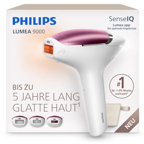Philips Lumea 9000 IPL-Haarentfernungsgerät - bis zu 5 Jahre seidig glatte Haut, Anwendung zu Hause, medizinisch zertifiziert, 3 Aufsätze: Körper, Gesicht, empfindliche Stellen, BRI939/00