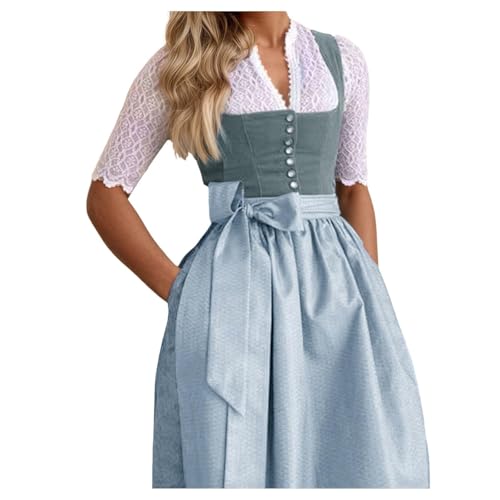 JiJiRuDU Dirndl Damen Lang Trachtenkleid mit Schürze Trachtenmode für Oktoberfest Dirndlkleid