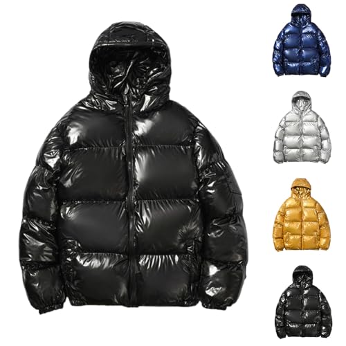 Generisch Daunenjacke Herren Steppjacke mit Kapuze Einfarbig Glänzend Puffer Jacke Warme Winterjacke Outdoor Jacken Warm Freizeitjacke Pufferjacke Skijacke Kapuzenjacke Herrenjacken Schwarz M