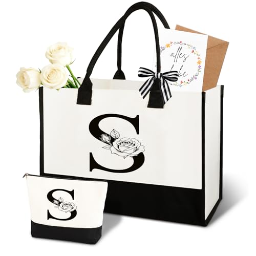 Anruzon Geschenke für Frauen – Personalisierte Initial A-Z Canvas Einkaufstasche & Kosmetiktasche, Grußkarte – Praktisches & Emotionales Geschenk für Mama, Freundin, Kollegin oder Schwester