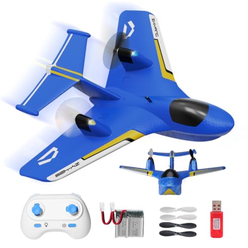 Fremego RC Flugzeug für Wasser, Land und Luft,2.4GHz Glider Ferngesteuertes Flugzeug mit 2 Batterien und Licht,2CH Kampfflugzeug Modell Spielzeug für Kinder Anfänger (Blau)