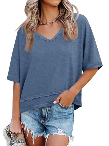 Cicy Bell Damen Oversize T Shirt V-Ausschnitt Oberteil,Blau-Grau,XL
