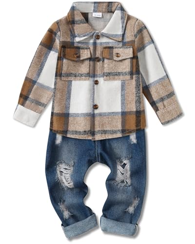 Lufebut Baby Kleidung Jungen Winter Babykleidung Outfit Set Langarm Kariert Top + Hose Bekleidungssets für Kinder Jungen Gelb 2-3 Jahre