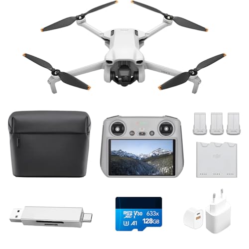 DJI Mini 3 Fly More Combo (DJI RC) – Leichte und faltbare mini-Kameradrohne mit 4K HDR-Video, 3 Batterien für 114 Minuten Flugzeit (Kartenleser + Speicherkarte + Ladestecker)