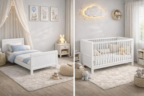 Baby Happy Bliss Nelly Babybett 120x60 cm – Kinderbett – Weiß – Buchenholz – 2-Fach höhenverstellbar – 3 Schlupfsprossen – EN 716 geprüft