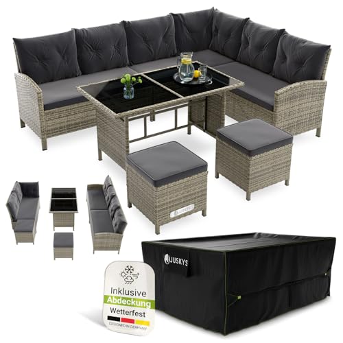 Juskys® Polyrattan Lounge Manacor mit Ecksofa, Esstisch, 2 Hocker & Kissen inkl. Abdeckung - wetterfest bis 7 Personen - Bezüge waschbar - Rattan Garten Sitzgruppe Gartenmöbel Set - Grau/Dunkelgrau