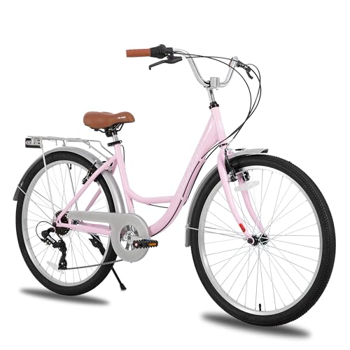 HILAND 26 Zoll Cityräder für Erwachsene, Step-Through Rahmen Damenfahrrad mit Gepäckträger, Herren und Damen 7 Gang-Schaltung Hollandfahrrad Citybike, City-Pendlerfahrrad für Männer, Rosa