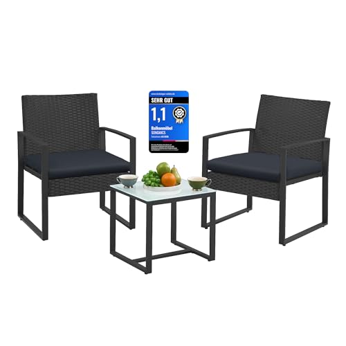 SONGMICS Balkonmöbel, Gartenmöbel-Set, aus PE-Polyrattan, Lounge-Set, Tisch und 2 Stühle, Terrassenmöbel, einfache Montage, Outdoor, für Terrasse, Balkon, Garten, schwarz GGF010B05