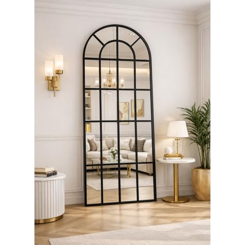 PengGengA Fensterscheibe Ganzkörperspiegel Bogenförmiger Wandspiegel mit Metallrahmen im Landhausstil für Eingang Wohnzimmer Schlafzimmer - Schwarz, 175x63cm | 69