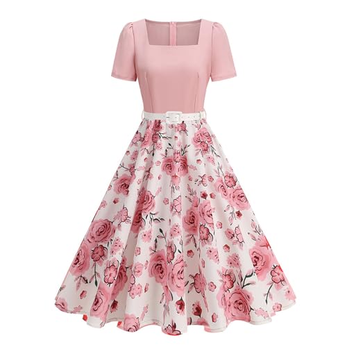 Odizli Rockabilly Kleider Damen Vintage Retro 50er Jahre Petticoat Kleid Audrey Hepburn Square Neck Polka Dot Swing Coctailkleid Festlich Hochzeit Hochzeitsgast Knielang Sommerkleid Weiß Rosa S