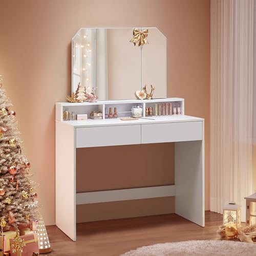 VASAGLE RDT115W01 Schminktisch mit Klappspiegel und 2 Schubladen, 3 offene Fächer, für Make-up, modern, Wolkenweiß