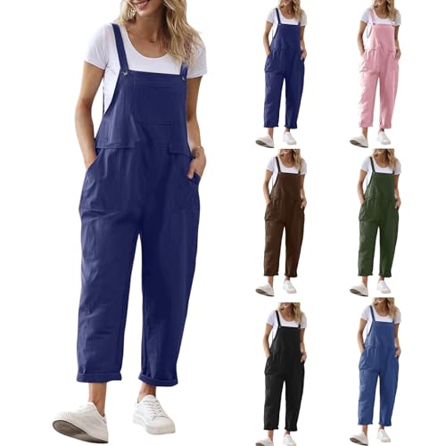 Latzhosen Damen Oversize Latzhose Stoff Blau Arbeitshose Loose Bib Pants Lang Vintage Trägerhose Overall Baggy Jumpsuit Sommerhose Jumpsuit Modische Arbeitsoverall Leicht Playsuit mit Taschen