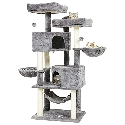 MSmask Kratzbaum groß 153 cm hoch, Katzenbaum für Gross Katzen mit 2 großer Plattform, groß Höhlen, Sisal-Stämme, Natur Sisal Katzenkratzbaum, Stabiler Kratzbaum, Hellgrau