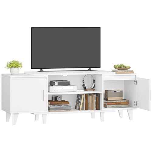 Hzuaneri TV- Schrank, Fernsehschrank, für TV-Geräte unter 65 Zoll, TV-Ständer mit 2 Schränken und 2 Freiflächen, 140 x 40 x 51,5 cm, für Wohnzimmer, Schlafzimmer, Esszimmer, Weiß TV16703E