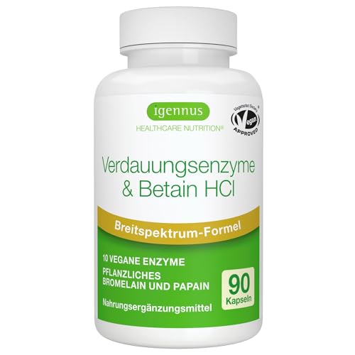 Schnell wirkender Verdauungsenzyme Komplex mit Betain HCl & Bromelain, 10 vegane Enzyme mit Papain & Lipase, umfassende Verdauungshilfe, hypoallergen, 90 Kapseln, von Igennus