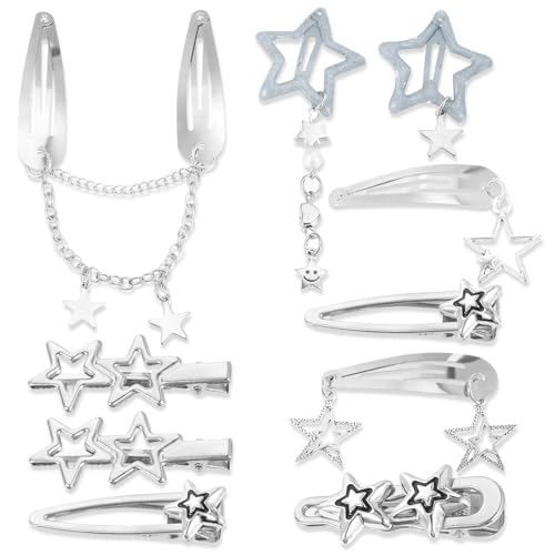 Nogeqi Silber y2k Haarspange Accessoires mit Schnappverschluss, Kawaii Stern y2k Haarspangen Silber, Retro Niedliche y2k Silver Hair Clips Rutschfeste Punk Stil für Damen Partys Konzerte Alltag