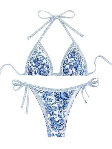 BYFINECANY Damen-Badeanzug, Blumenmuster, Neckholder, Paisleymuster, Sommer-Badeanzug, Bikinis-Set, Blau, S