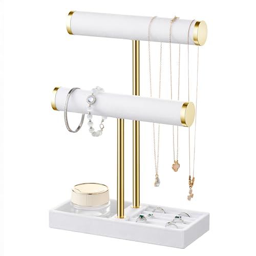 Josmimic Schmuck Organizer mit 2 Ebenen - Weiß Schmuckständer Armbänder, Abnehmbarer T-Steg Schmuck Ständer, Samt-Armbandhalter, Schmuckhalter für Armband, Halskette, Uhren, Ringe
