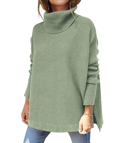 Hormtaer Pullover Damen Winter Rollkragenpullover Warm Oversized Strickpullover Rollkragen Stricken Pulli Grobstrickpullover Casual Lose Langarm Oberteile (Grün1, XL)