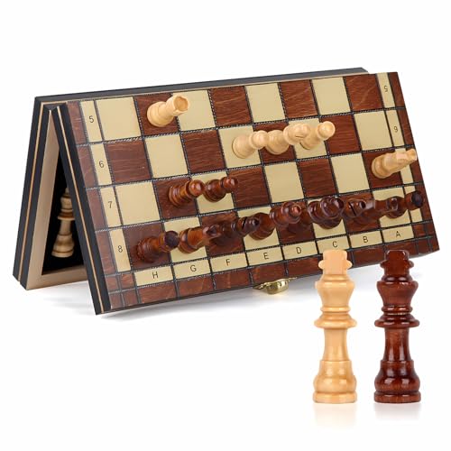 OOCOME Schachspiel Holz Magnetisch, Reise Schachbrett Tragbares klappbar 24 * 24cm , Anfänger Schach Satz mit 2 Zusätzlichen Königinnen Geliefert, Geschenk für Kinder, Kinder, Familie und Freunde