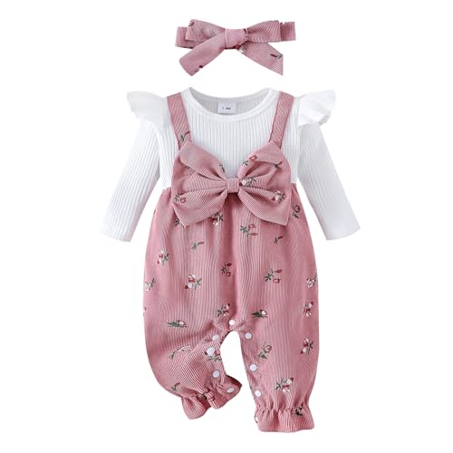 Beauace Baby Mädchen Outfits Langarm Tops Schleife Blumen Druck Outfit Set Kleinkind Herbst Kleidung 0-6 Monate (Rosa, 3-6 Monate)