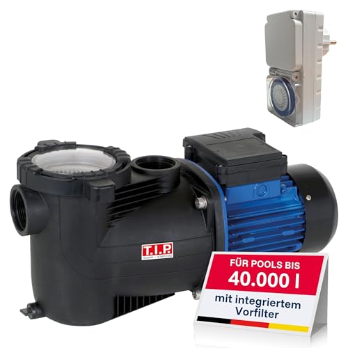 T.I.P. Poolpumpe - Filterpumpe - Umwälzpumpe mit Vorfilter (40 m³ Beckengröße, 13.000 l/h Fördermenge, inkl. Timer, 12 m Förderhöhe, 1,2 bar Druck, 600 W, Selbstansaugend) SPP 600 FT, 30444