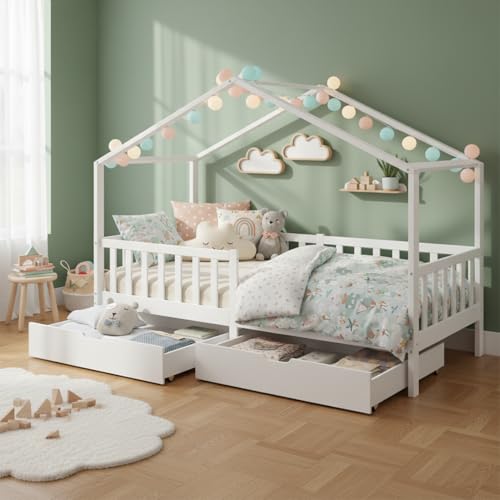Bellabino Bia Kinderbett 90x200 cm – Hausbett mit Rausfallschutz, Lattenrost & 2 Schubladen – Montessori Kinder Bett aus Massivholz Kiefer – Bett für Jungen und Mädchen mit Stauraum in Weiß