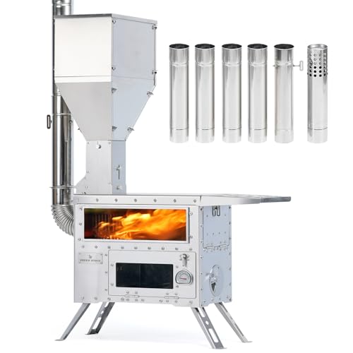 Zeltofen Tragbarer Holzofen Pelletofen für Outdoor-Aktivitäten wie Wandern, Angeln & Zelten, Heizung und Kochen, Robuste 430 Edelstahl-Konstruktion, Inklusive Rauchrohre für Sichere Abgasführung
