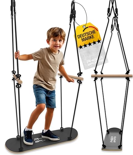 PHIBER-SPORTS Skateboard Schaukel Outdoor Kinder - Langlebig, Wetterfest, Anti-Rutsch, Stehen und Sitzen - Skateboardschaukel Zubehör Holz - Schiffsschaukel, Doppelschaukel