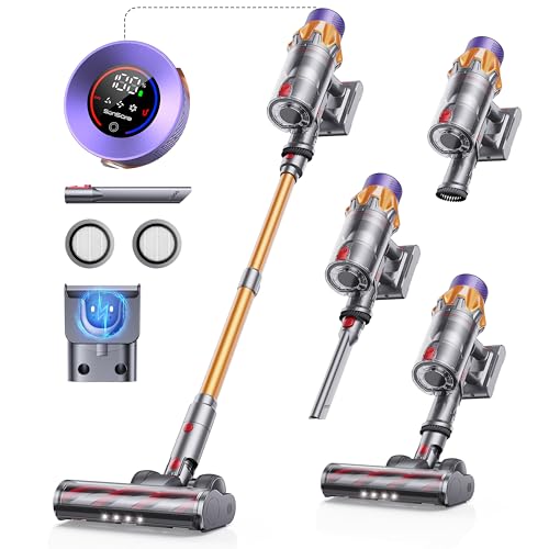 SunSare Akku Staubsauger 600W/50000Pa/65Min, Staubsauger Kabellos mit Smart Display und Ladestation, Leichter Antiverwicklung Akkusauger, Super Leise akkustaubsauger für Hartböden Teppiche Tierhaare